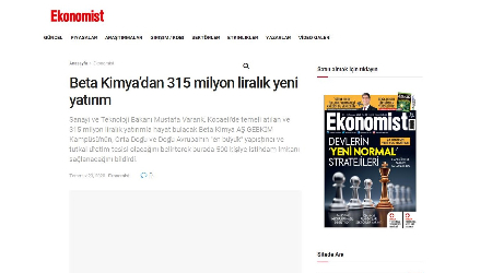 Beta Kimya'dan 315 Milyon Liralık Yeni Yatırım