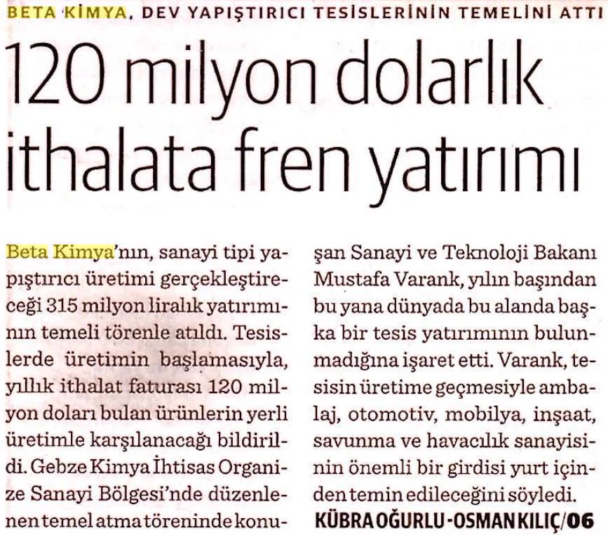 120 Milyon Dolarlık İthalata Fren Yatırımı